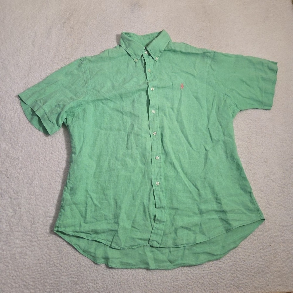 VTG Polo Ralph Lauren 100% Linen Short Sleeve Button Down Shirt Size XL Green